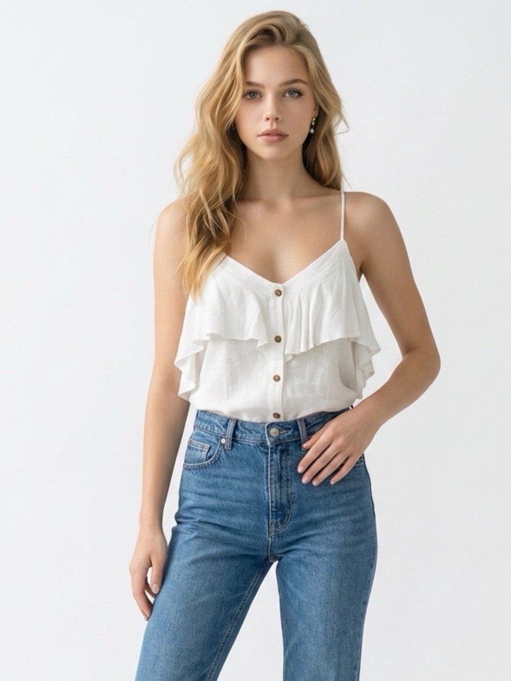 Moa Moa White Ruffle Button-Front Camisole (r15)